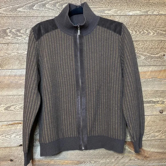 Men’s Moncler Italian Brown zipper front sweater with leather accents Size Large - Picture 1 of 9